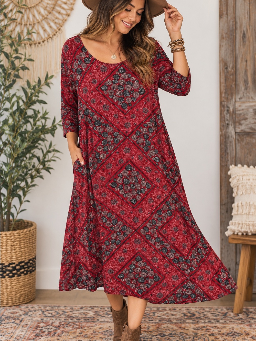 Natural Life Red Floral Boho Midi Dress Size Large 3/4 Sleeve Stretch